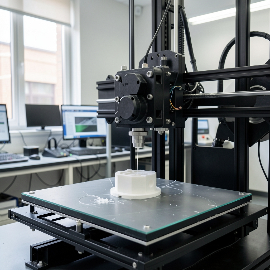 Современный промышленный 3D-принтер за работой — крупный план экструдера с нитью и строящейся деталью на рабочем столе в лаборатории аддитивных технологий