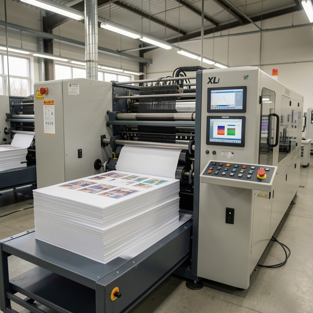 Четырёхсекционная листовая офсетная машина Heidelberg Speedmaster XL 106 в работе в крупной коммерческой типографии — стопа запечатанных листов и система управления цветом